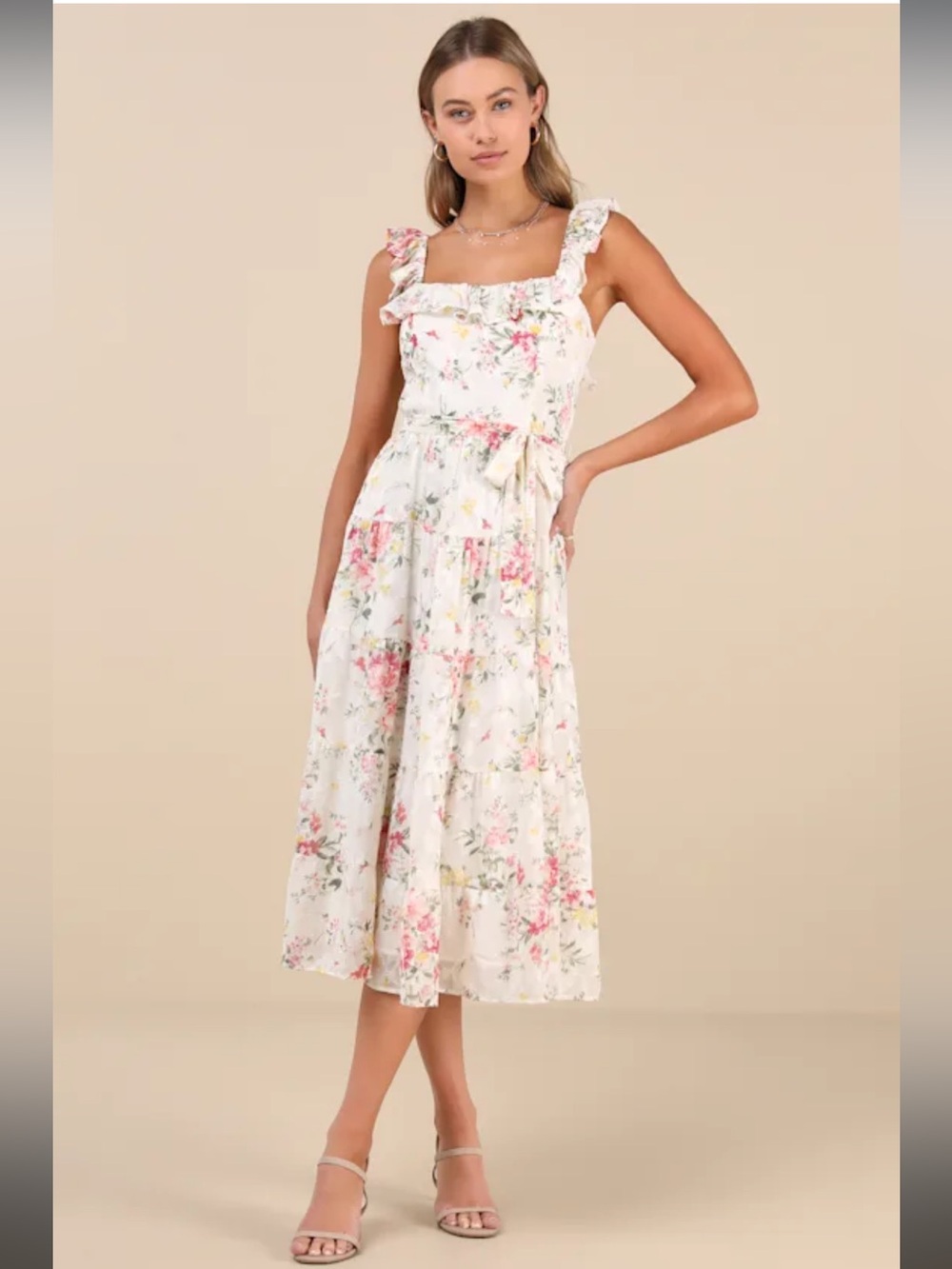 NWT- Shela Ivory Floral Jacquard Tiered Midi Dress
